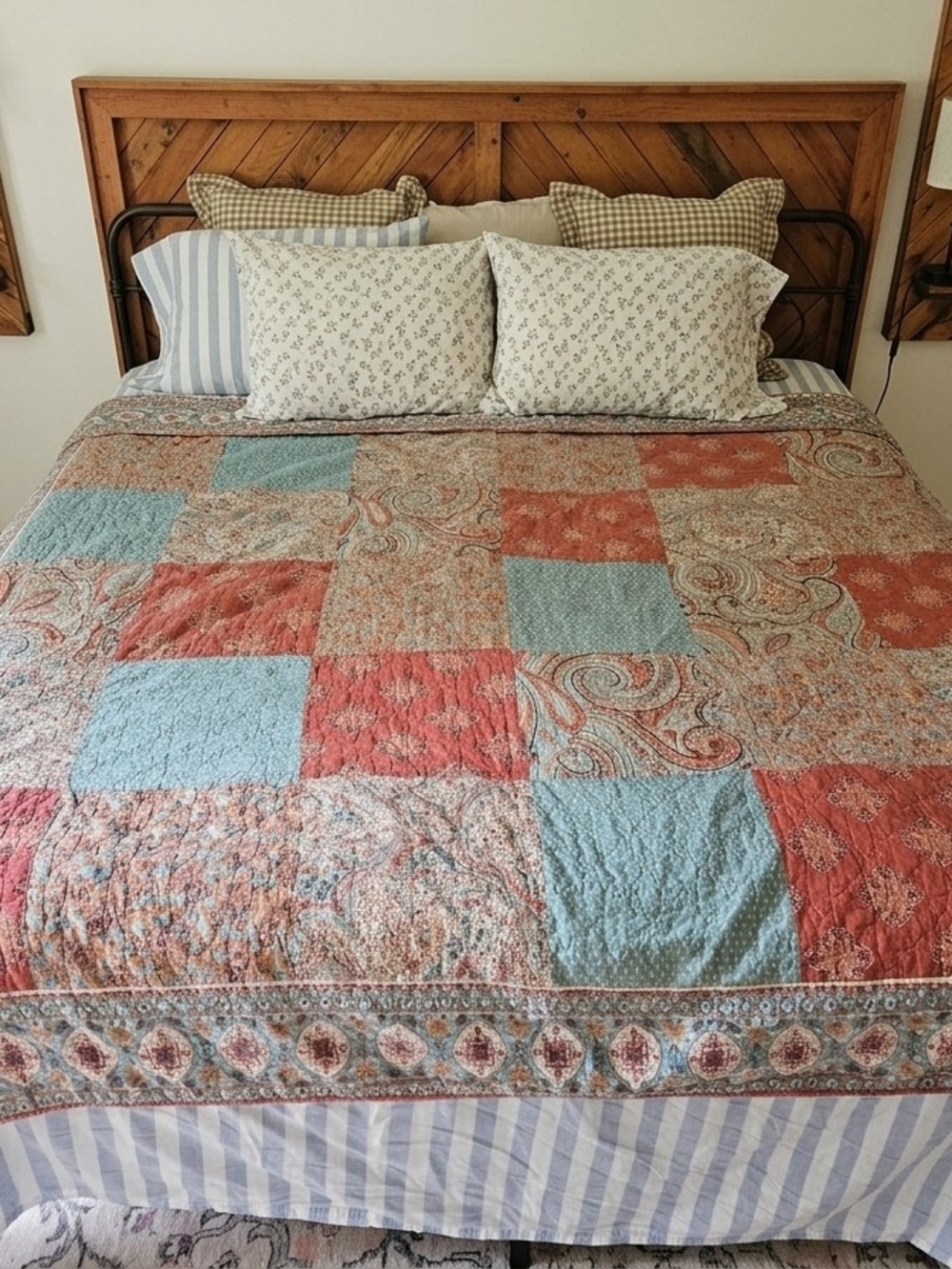 Patchwork Design Quilt in Coral and Teal